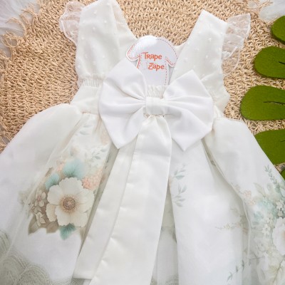  Vestido com Pérolas e Jardim de Flores - Off White e Verde